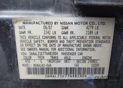 2007 Nissan Altima 2.5 S from USA, damaged, VIN 1N4AL21E77N481904